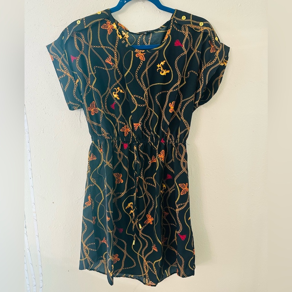 Black Chain-Print Elastic-Waist Midi Dress